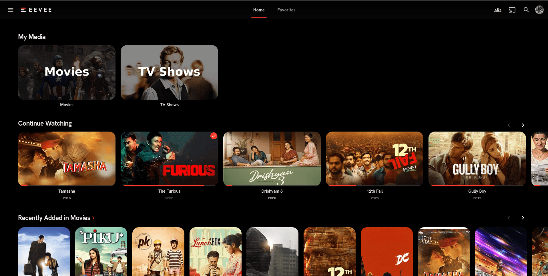 Eevee, the renamed Jellyfin instance, showing the movie library